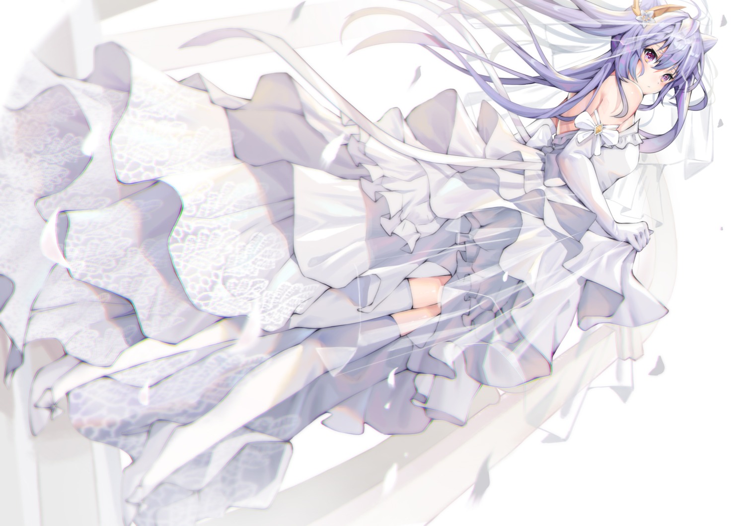 cgd-orange, dress, genshin_impact, heels, keqing, no_bra, skirt_lift, thighhighs, wedding_dress