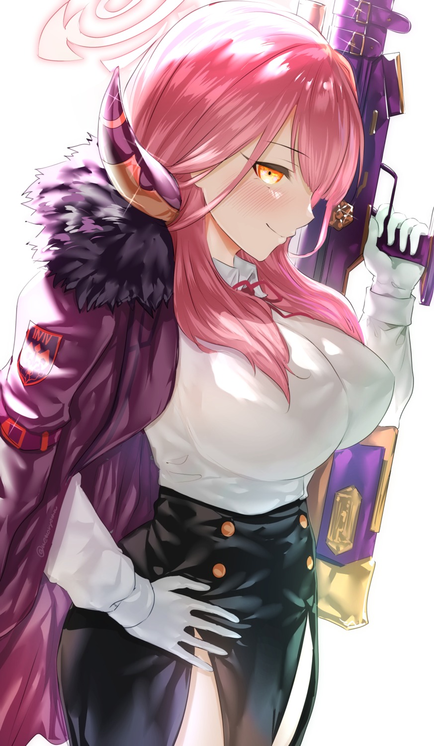 blue_archive, dress_shirt, gun, halo, horns, rikuhachima_aru, uenoryoma