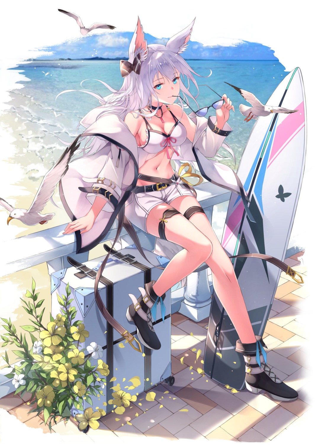 animal_ears, bikini_top, cleavage, fuuro_(johnsonwade), garter, megane, open_shirt, see_through