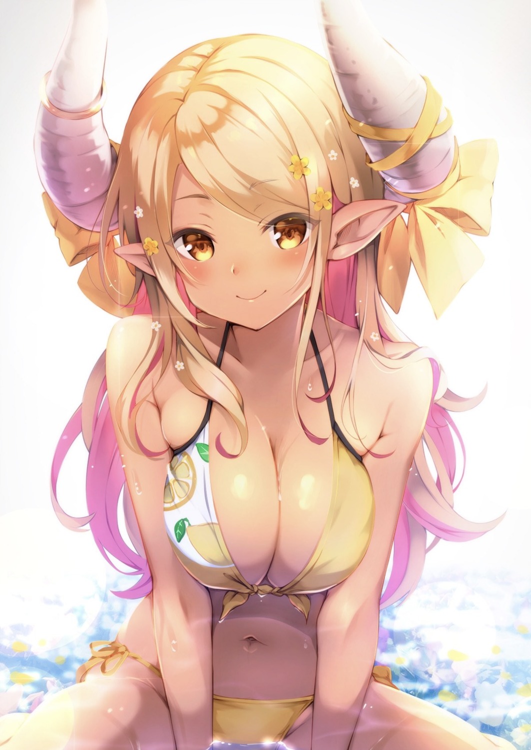 bikini, granblue_fantasy, horns, kuvira_(granblue_fantasy), pilokey, pointy_ears, swimsuits, wet