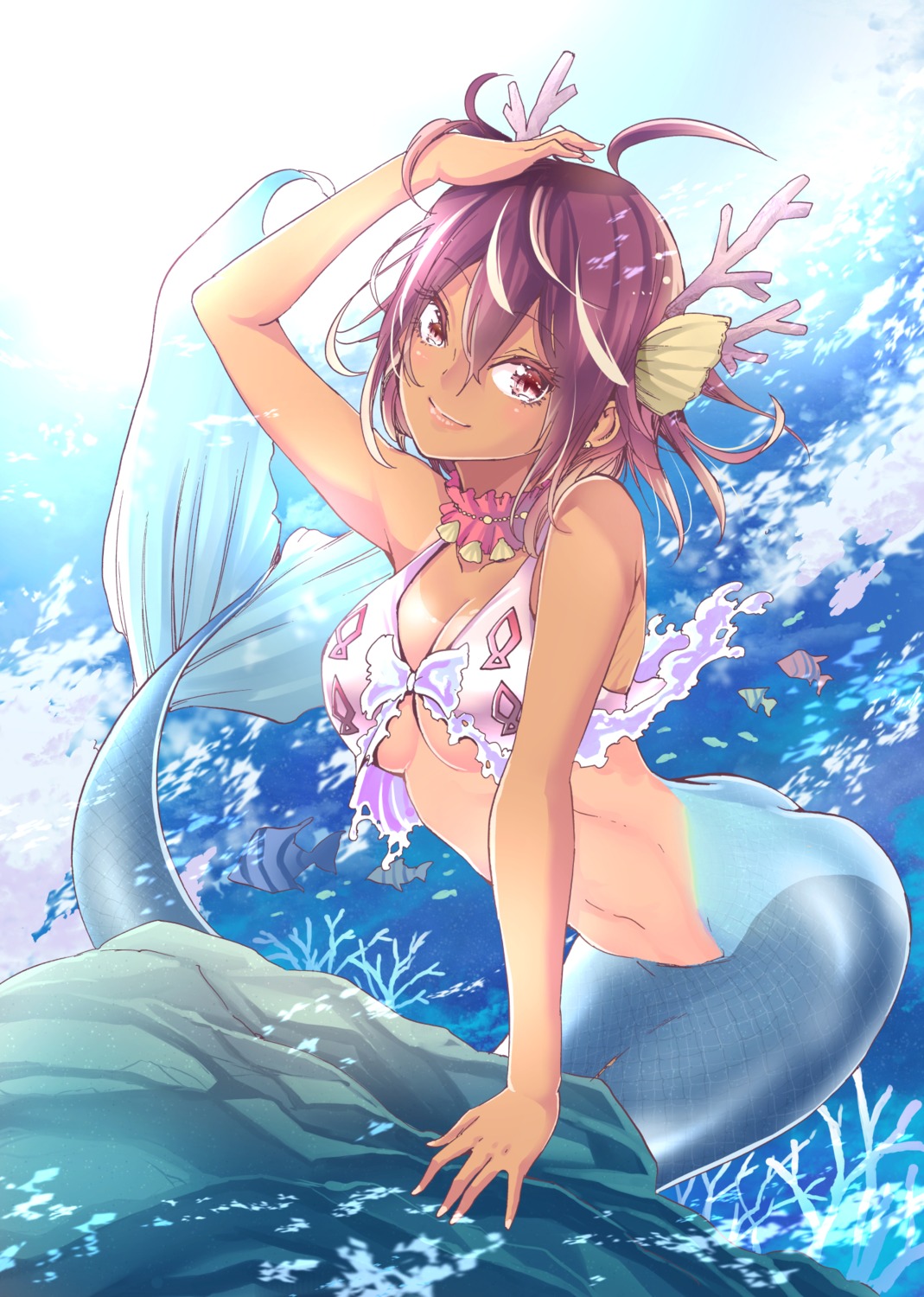 bikini_top, bokutachi_wa_benkyou_ga_dekinai, cleavage, horns, mermaid, monster_girl, swimsuits, tail
