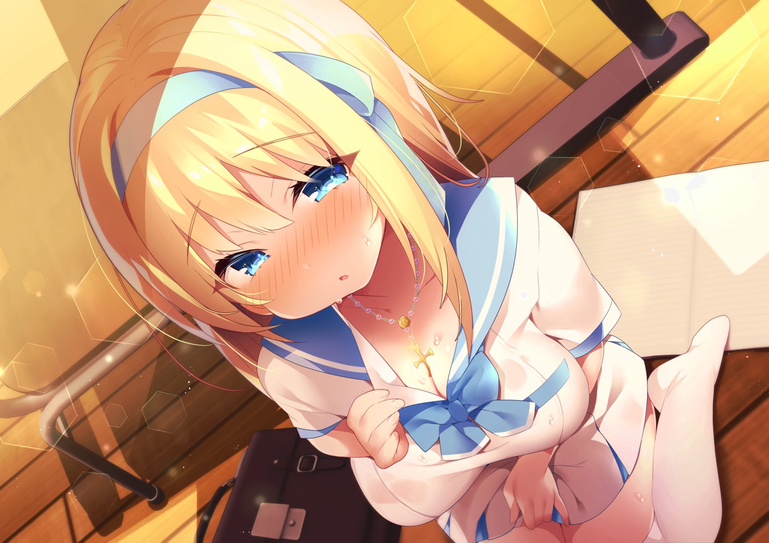 cleavage, kinoshita_sasami, seifuku, skirt_lift, thighhighs