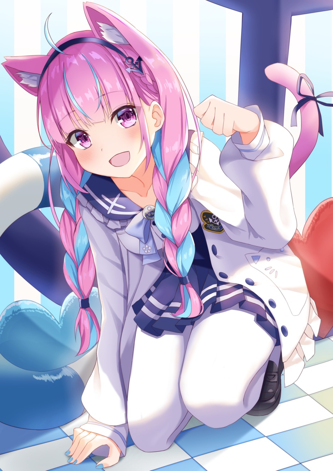 animal_ears, divergenceok, hololive, minato_aqua, nekomimi, pantyhose, seifuku, tail