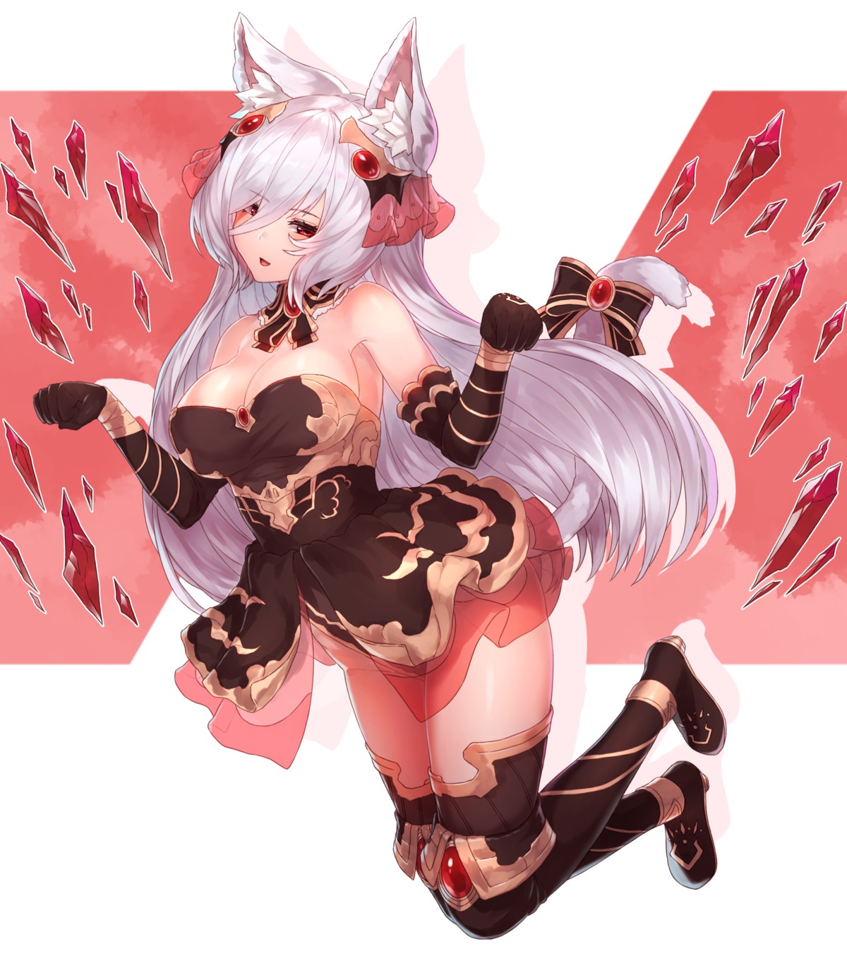 animal_ears, dress, heels, leotard, nekomimi, no_bra, see_through, skirt_lift, tail, thighhighs, yu_mochi_(kamiinu)