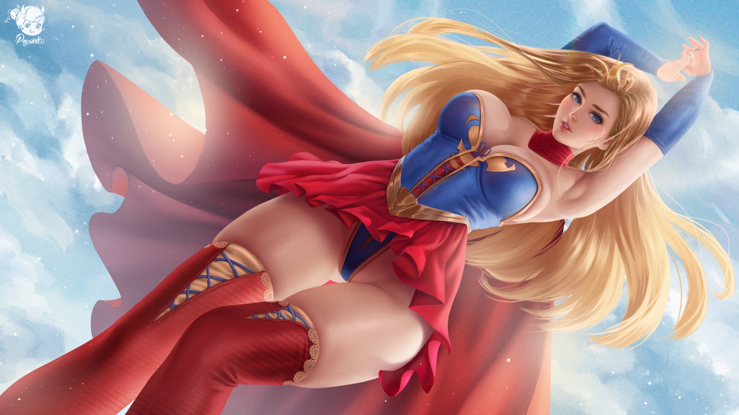 cleavage, dc_comics, leotard, no_bra, official_watermark, prywinko, skirt_lift, supergirl, supergirl_(character), thighhighs