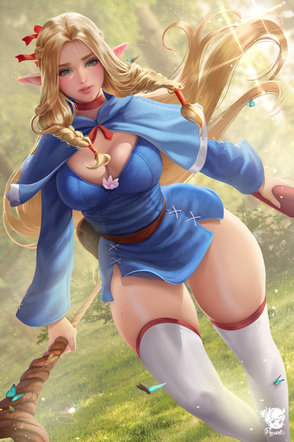 cleavage, dress, dungeon_meshi, elf, marcille_donato, official_watermark, pointy_ears, prywinko, skirt_lift, thighhighs, weapon