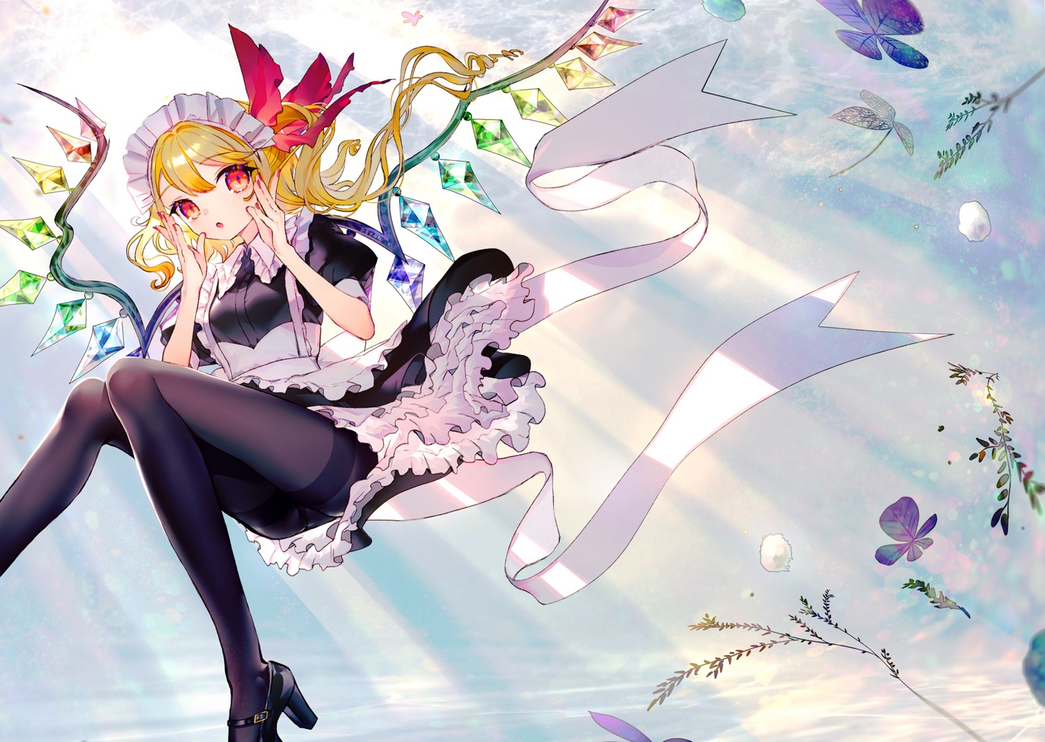 flandre_scarlet, heels, hinasumire, maid, pantyhose, skirt_lift, touhou, wings