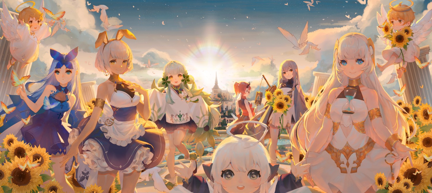ajhen, angel, animal_ears, bunny_ears, cleavage, dress, horns, masterwork_apocalypse, skirt_lift, umbrella, wings