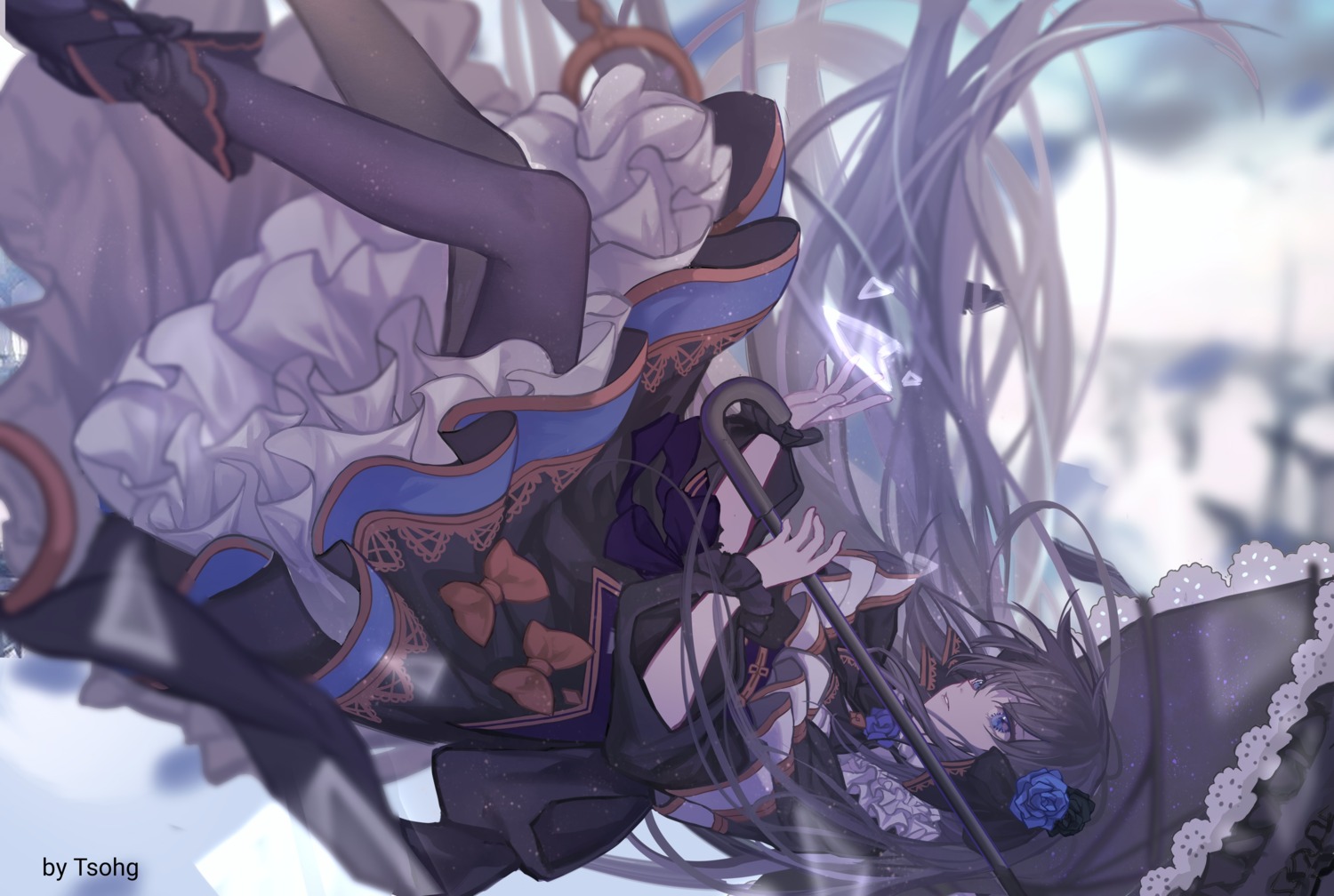 arcaea, dress, lolita_fashion, pantyhose, skirt_lift, tairitsu_(arcaea), tsohg, umbrella