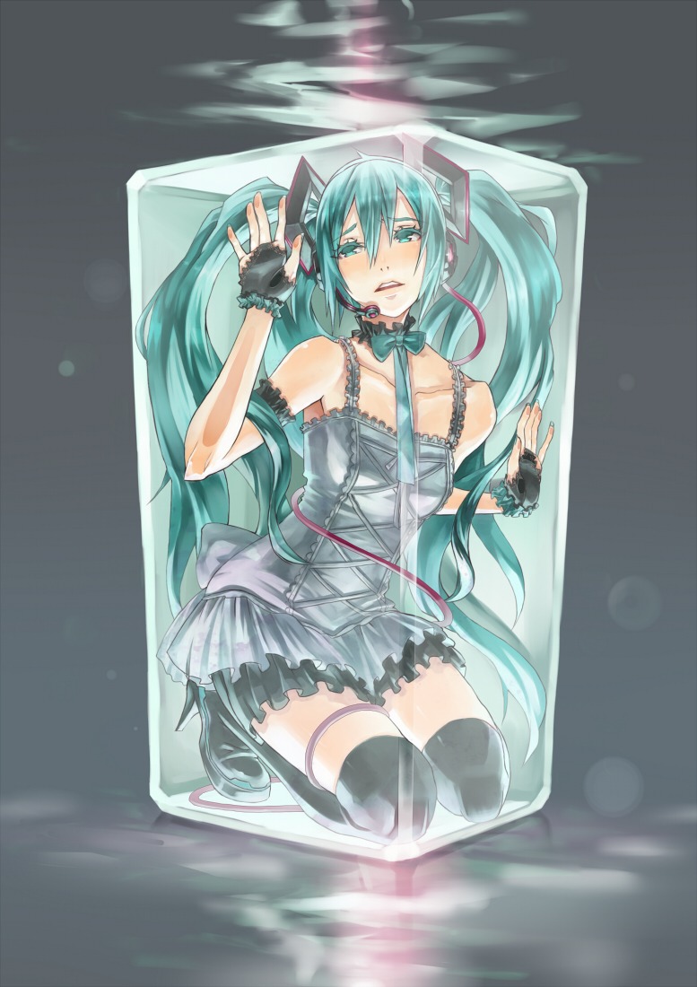 2d, 4hands, dress, garter, hatsune_miku, headphones, lolita_fashion, thighhighs