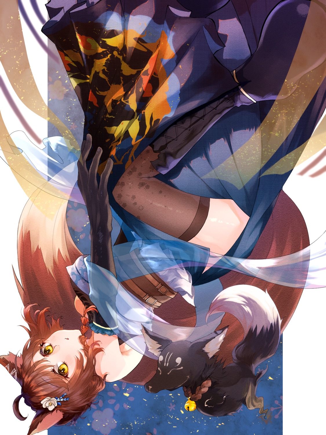 animal_ears, fumi_(nijisanji), japanese_clothes, karupisusawa, nijisanji, skirt_lift, tail, thighhighs
