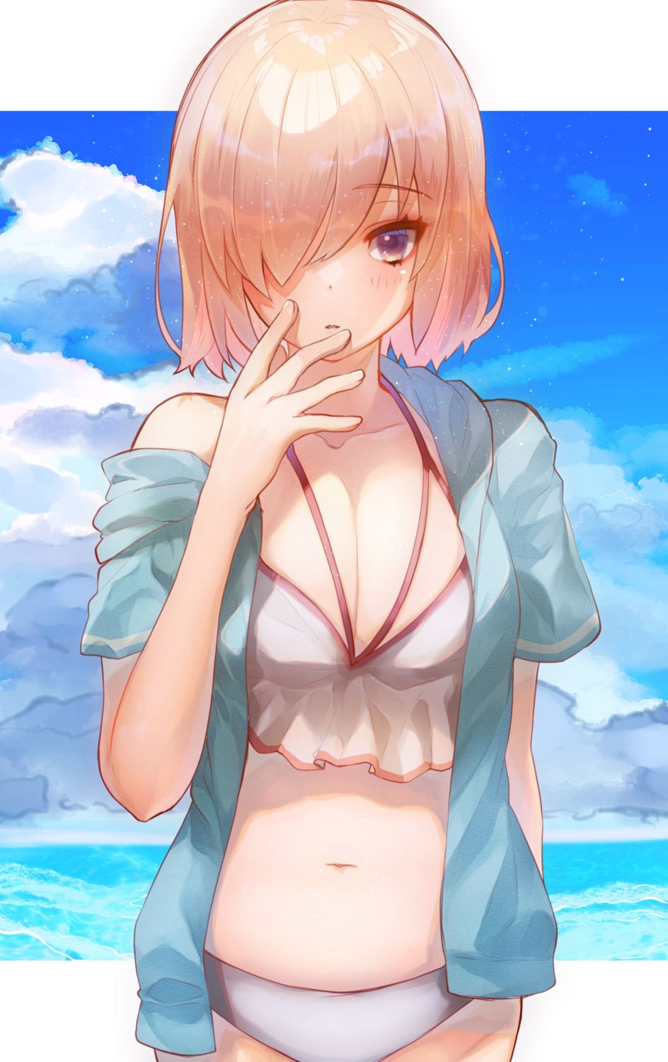 bikini, fate/grand_order, karupisusawa, mash_kyrielight, open_shirt, swimsuits