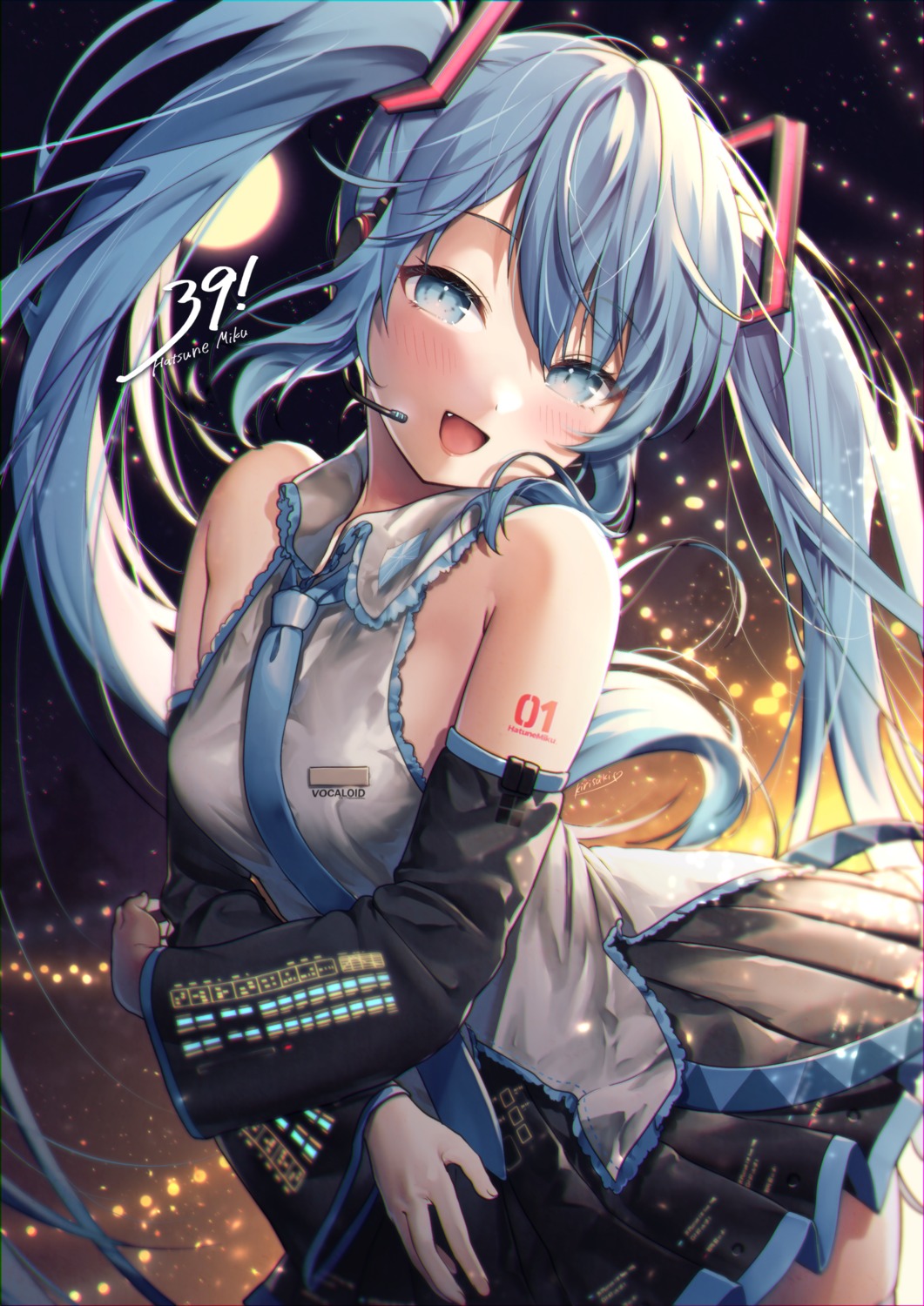 hatsune_miku, headphones, kirisaki_shuusei, skirt_lift, tattoo, vocaloid