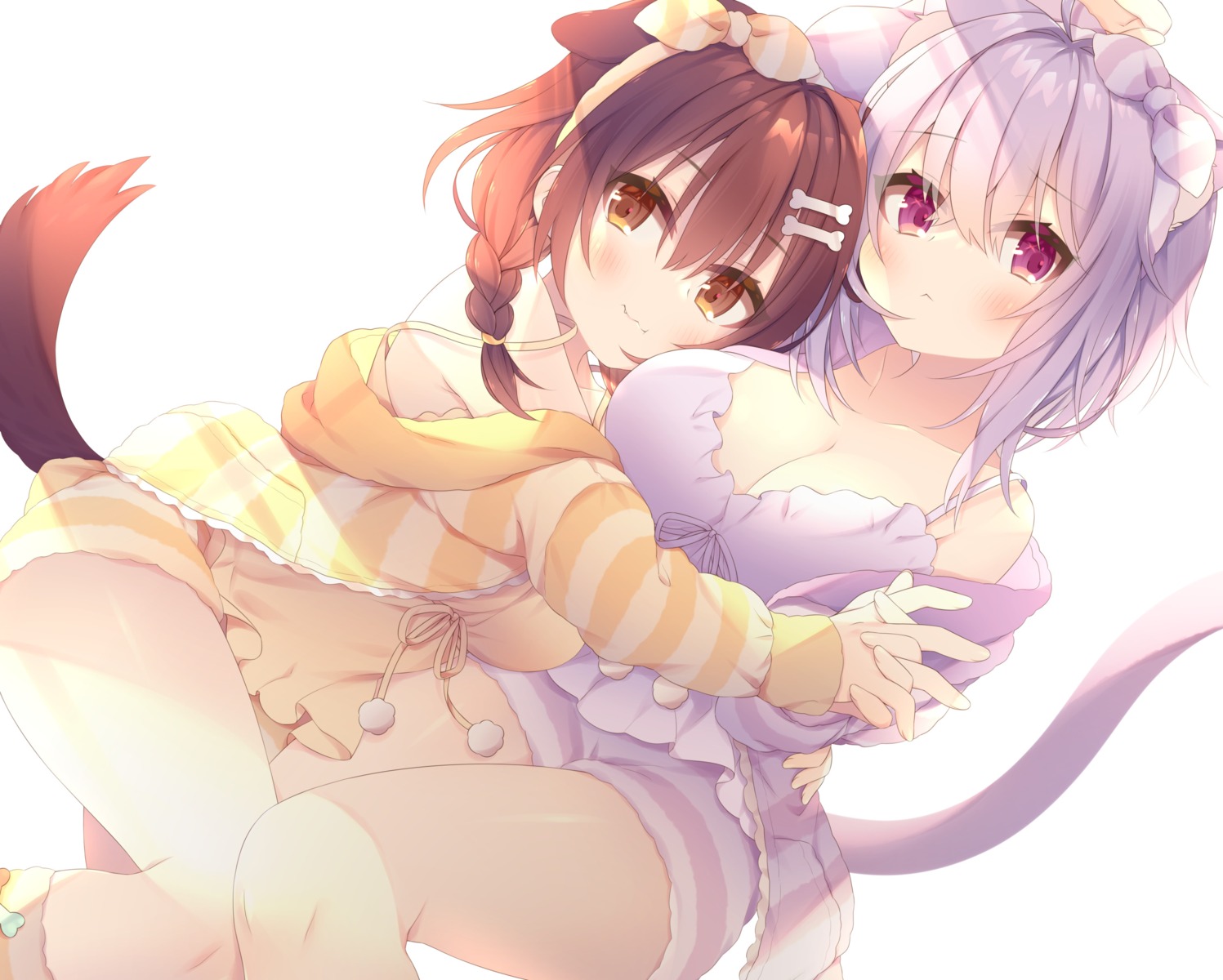 animal_ears, anju, cleavage, hololive, hololive_gamers, inugami_korone, inumimi, nekomata_okayu, nekomimi, pajama, tail