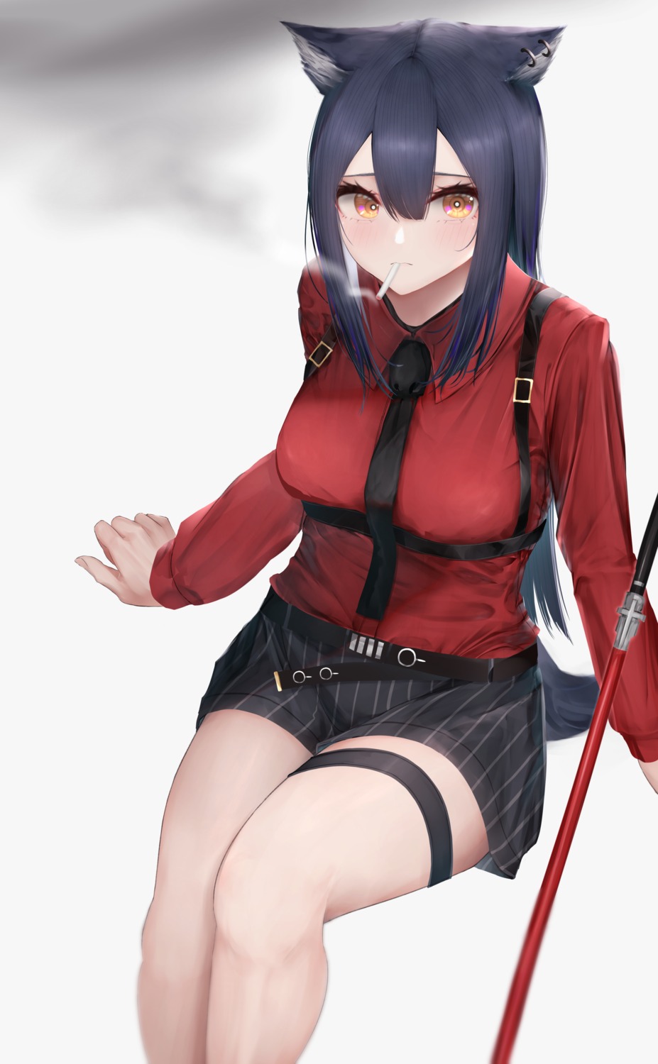 animal_ears, arknights, dress_shirt, garter, mo, smoking, tail, texas_(arknights), weapon