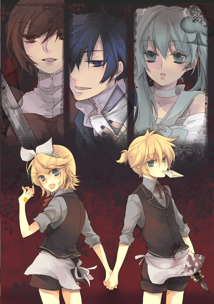 hatsune_miku, hitobashira_alice_(vocaloid), jj, kagamine_len, kagamine_rin, kaito, meiko, vocaloid