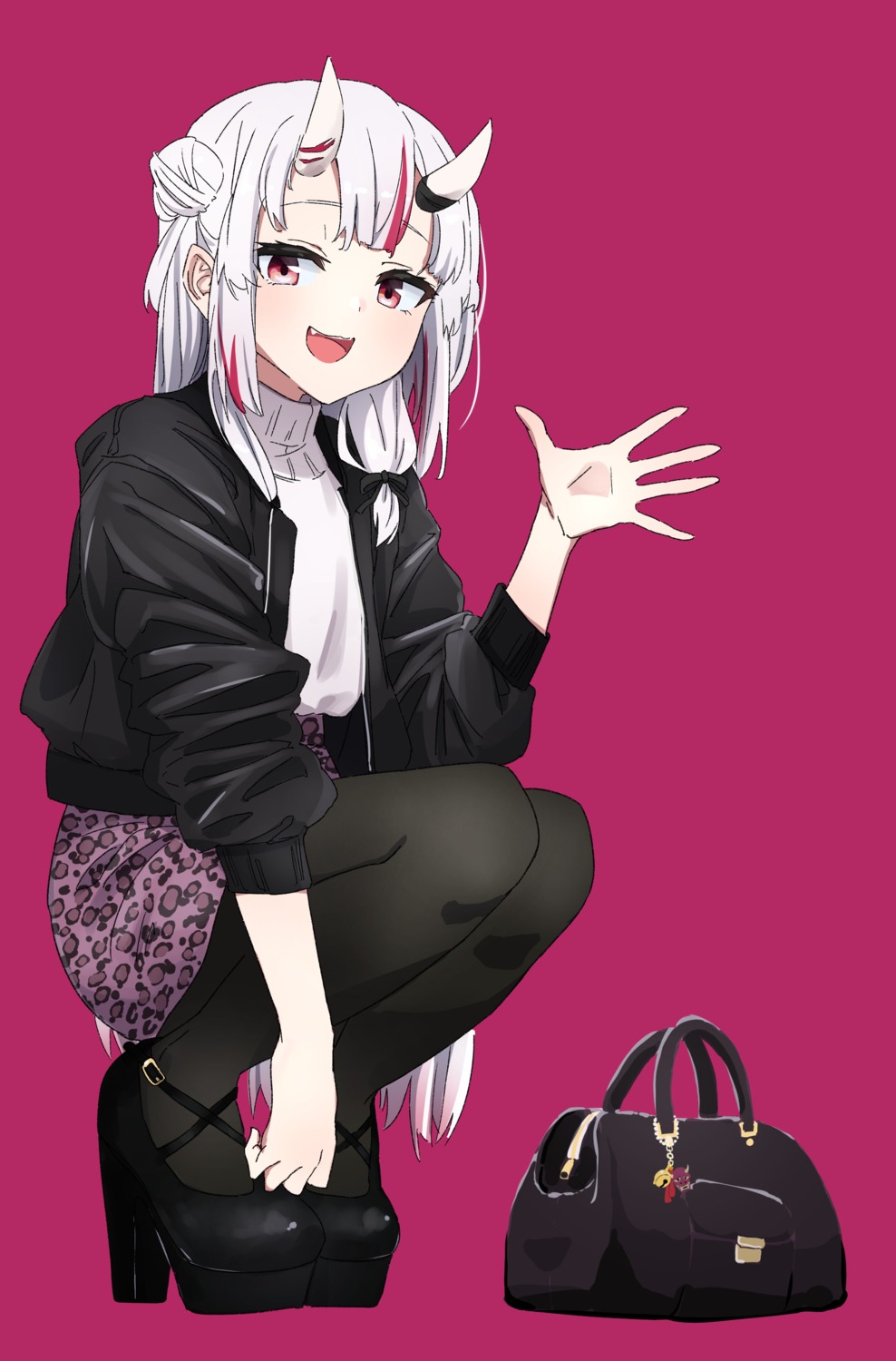 heels, hololive, horns, igo_miku, nakiri_ayame, pantyhose, skirt_lift, sweater