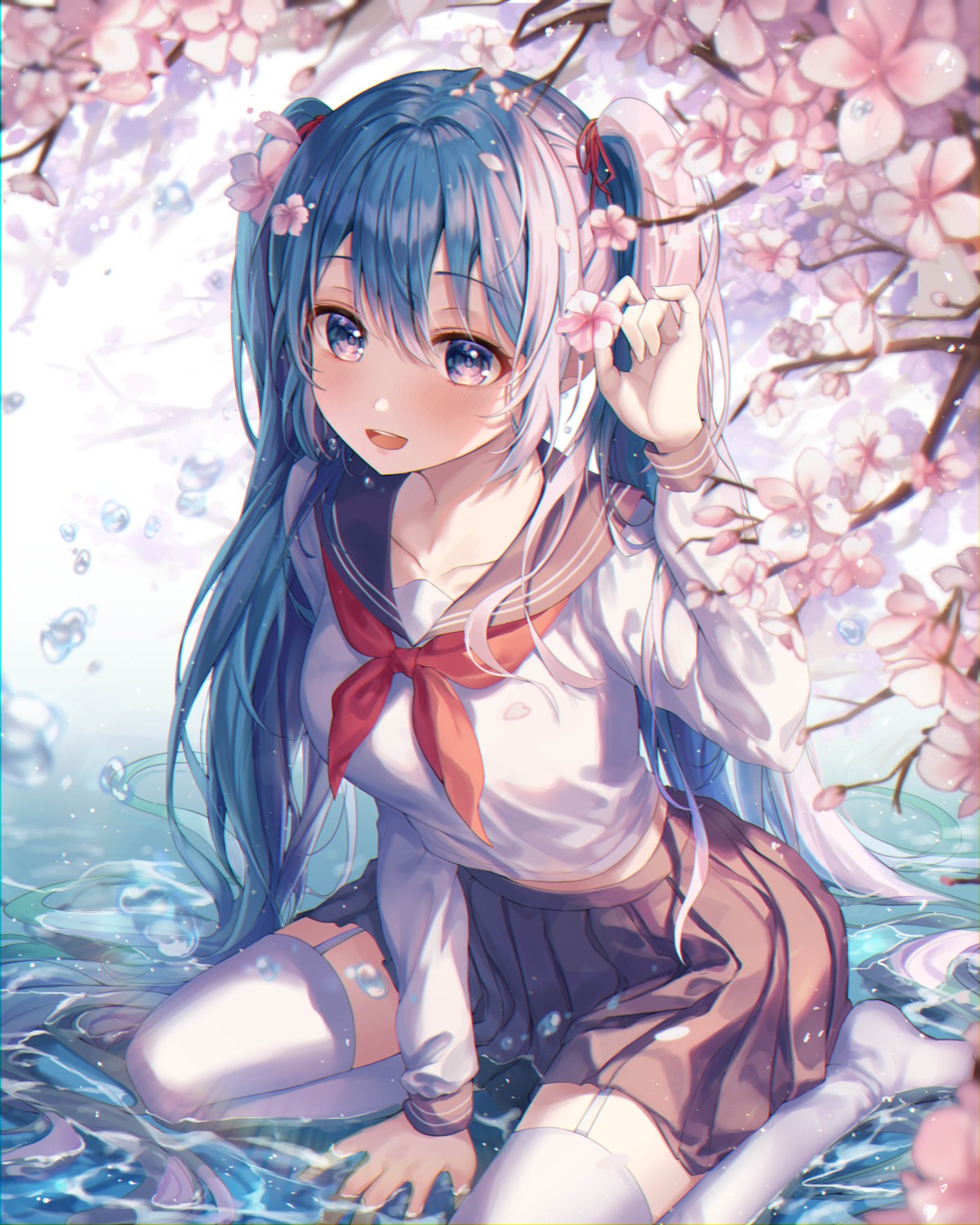 aibek, hatsune_miku, seifuku, stockings, thighhighs, vocaloid, wet