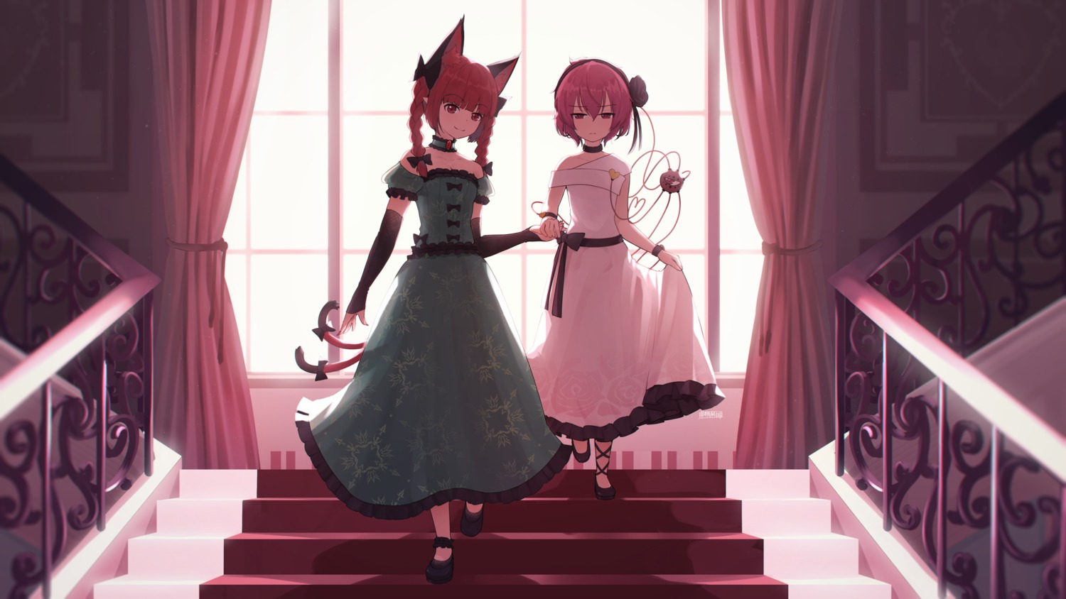 animal_ears, dress, kaenbyou_rin, komeiji_satori, nekomimi, senzaicha_kasukadoki, skirt_lift, tail