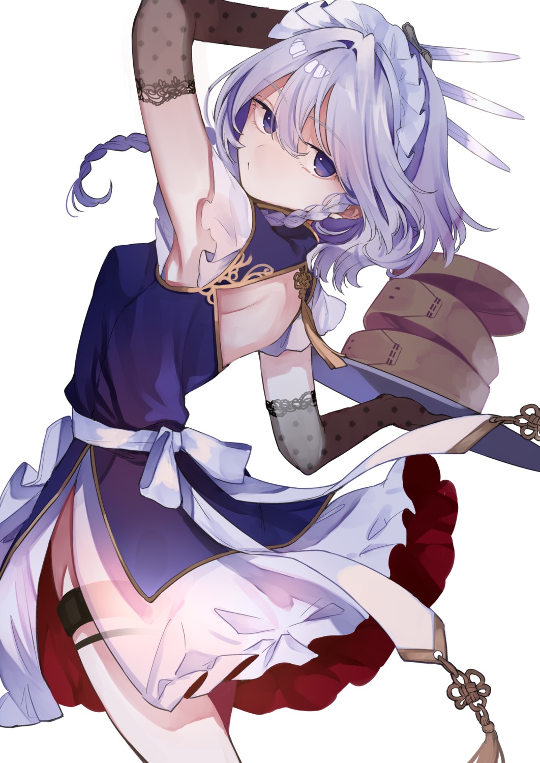 asian_clothes, garter, izayoi_sakuya, maid, no_bra, risui, see_through, skirt_lift