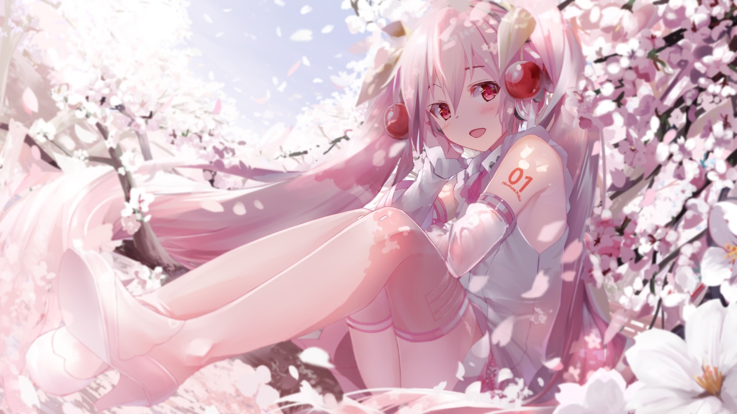 daidou_(demitasse), hatsune_miku, headphones, heels, sakura_miku, skirt_lift, tattoo, thighhighs