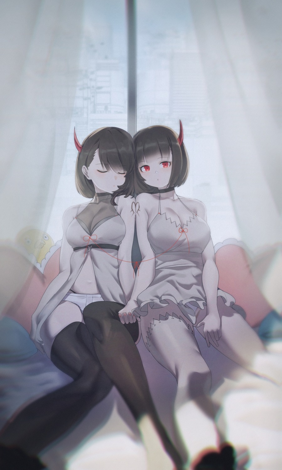 cleavage, dress, horns, jin_rou, tattoo, thighhighs, yuri
