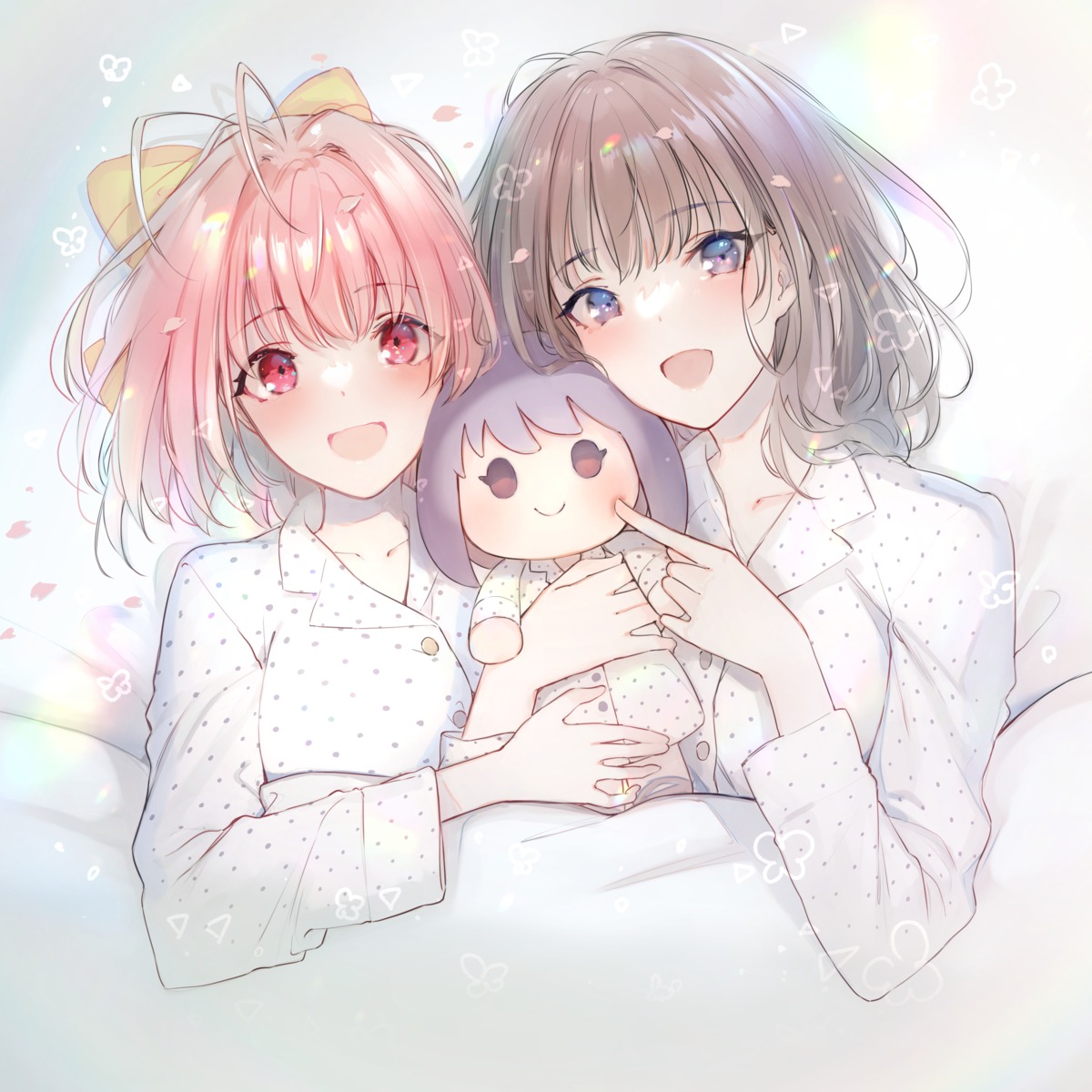 chibi, crossover, kami_nomi_zo_shiru_sekai, nakagawa_kanon, pajama, pyon-kti, sheets, touyama_nao