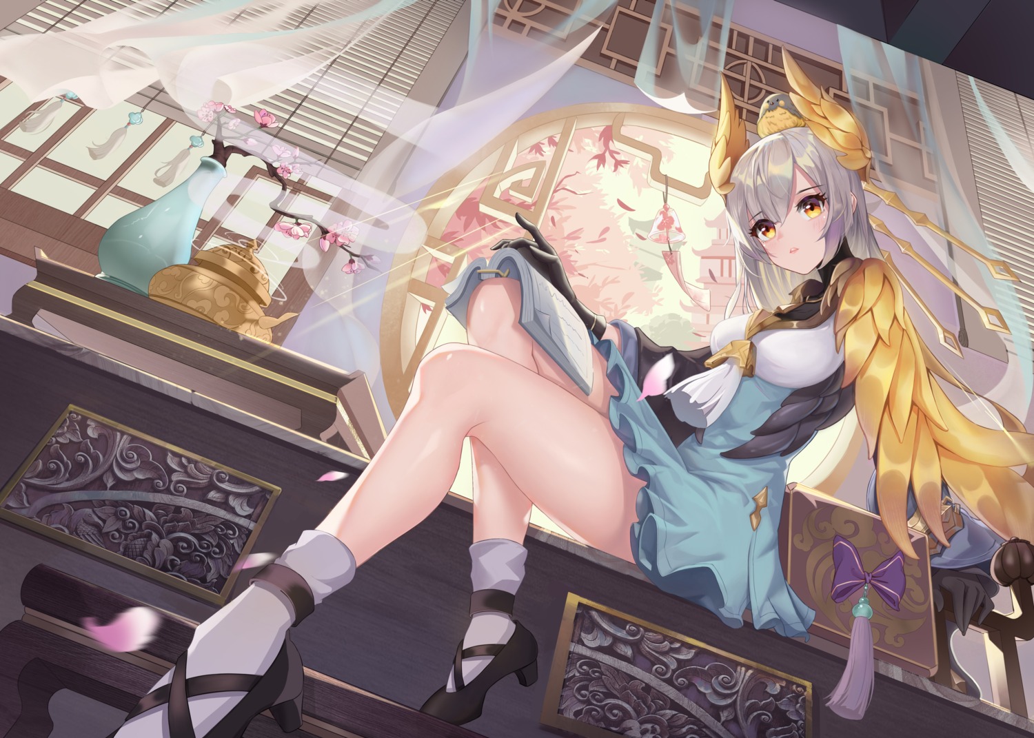 asian_clothes, guo_fong_yao, heels, horns, masterwork_apocalypse, skirt_lift