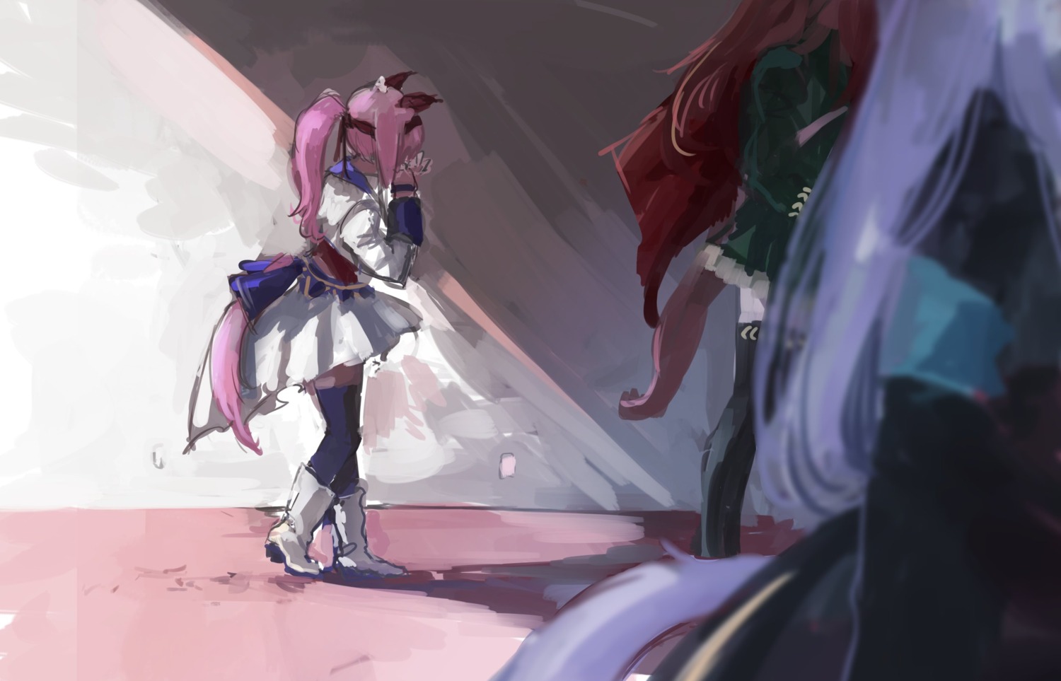 animal_ears, haru_urara_(umamusume), mejiro_mcqueen_(umamusume), osakana, sketch, symboli_rudolf_(umamusume), tail, thighhighs, uma_musume_pretty_derby, uniform