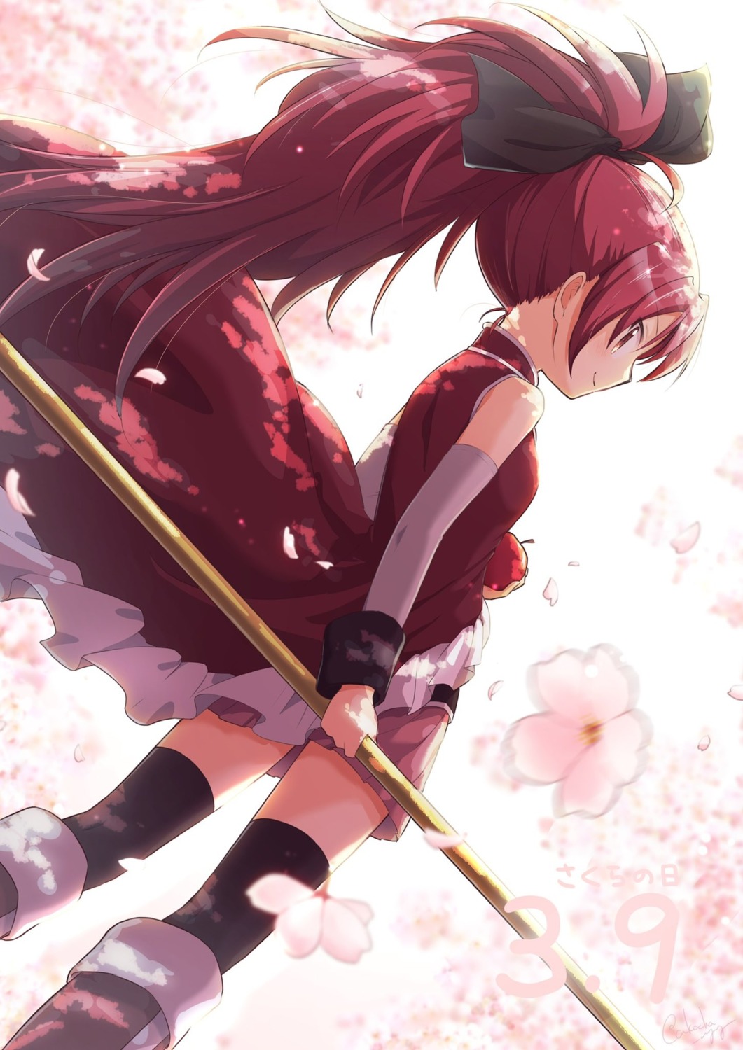 dress, mahou_shoujo_madoka_magica, rilafm345, sakura_kyouko, skirt_lift, thighhighs, weapon