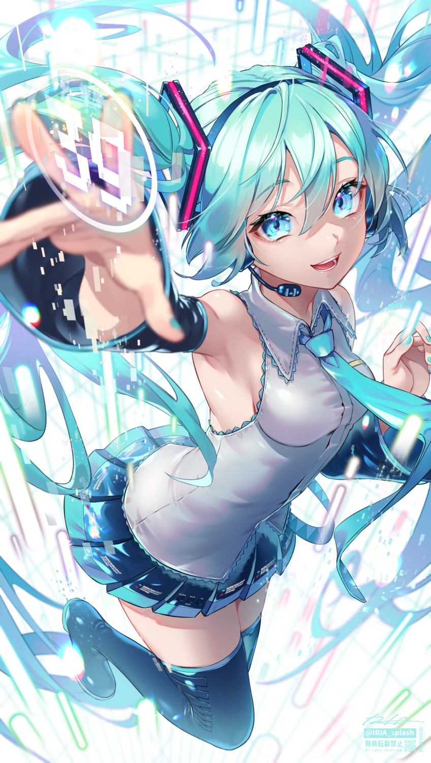 hatsune_miku, headphones, iria_(yumeirokingyo), skirt_lift, thighhighs, vocaloid