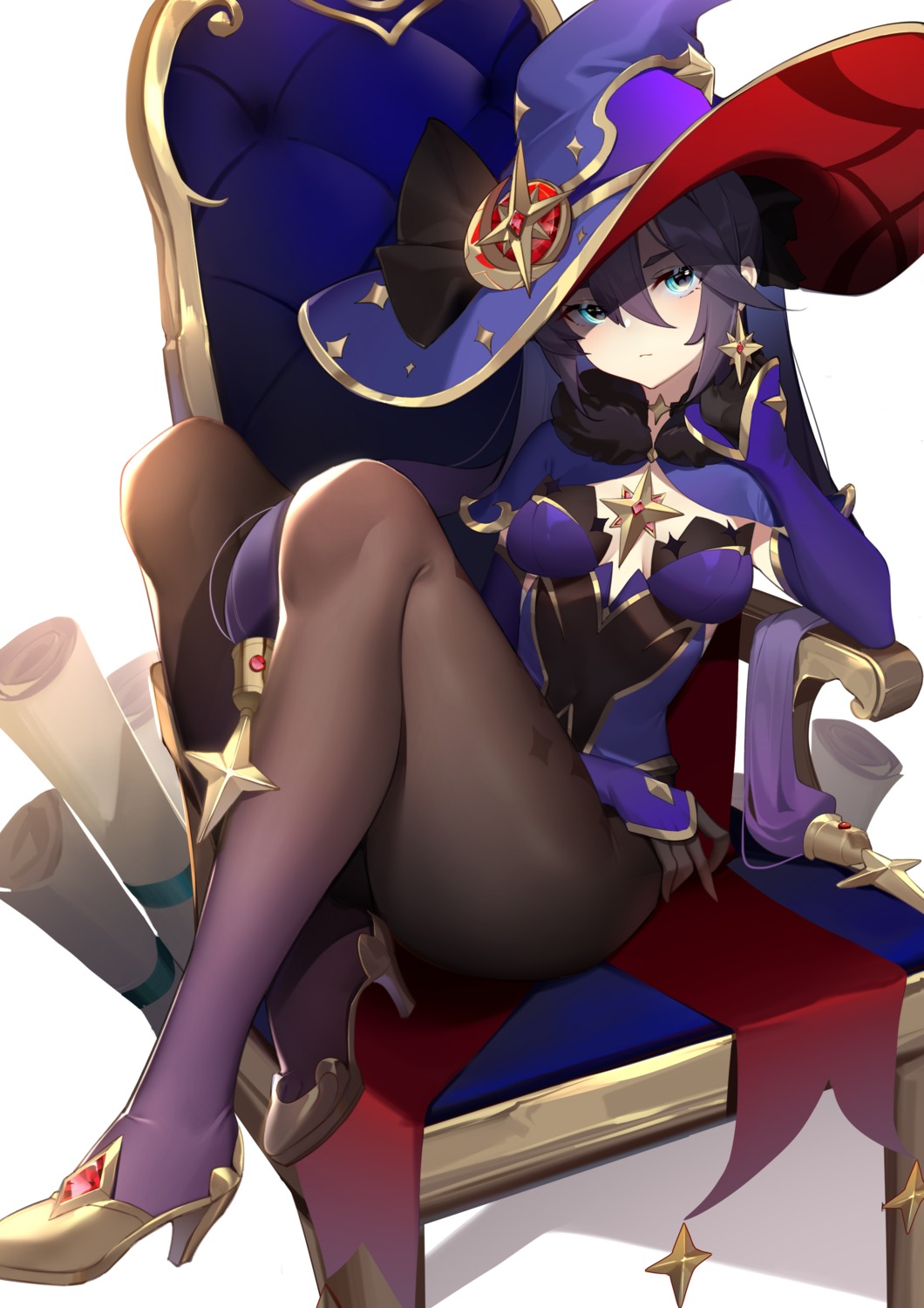 genshin_impact, heels, kojioo, mona_megistus, no_bra, pantyhose, witch