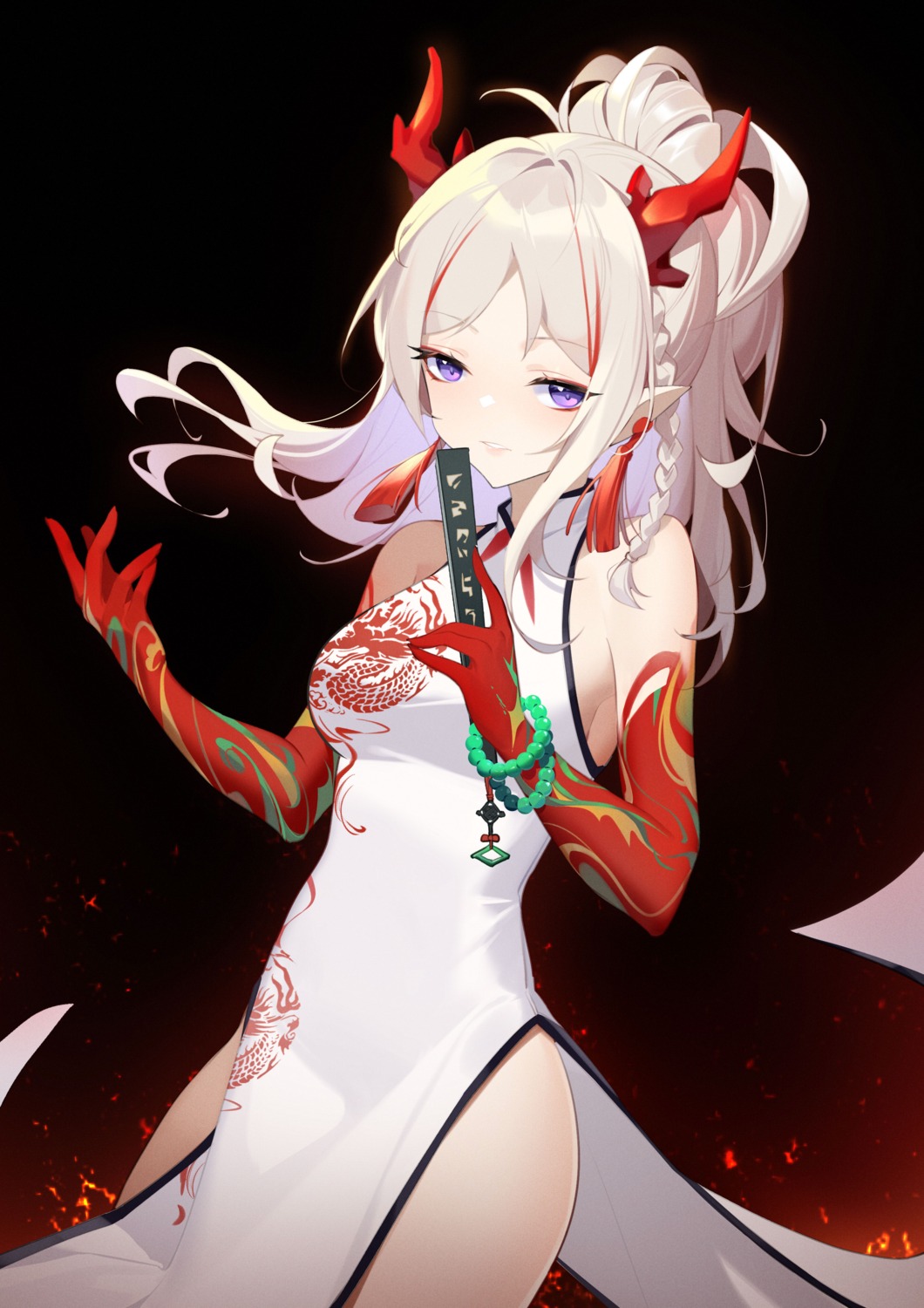arknights, chinadress, horns, kojioo, nian_(arknights), pointy_ears, tattoo