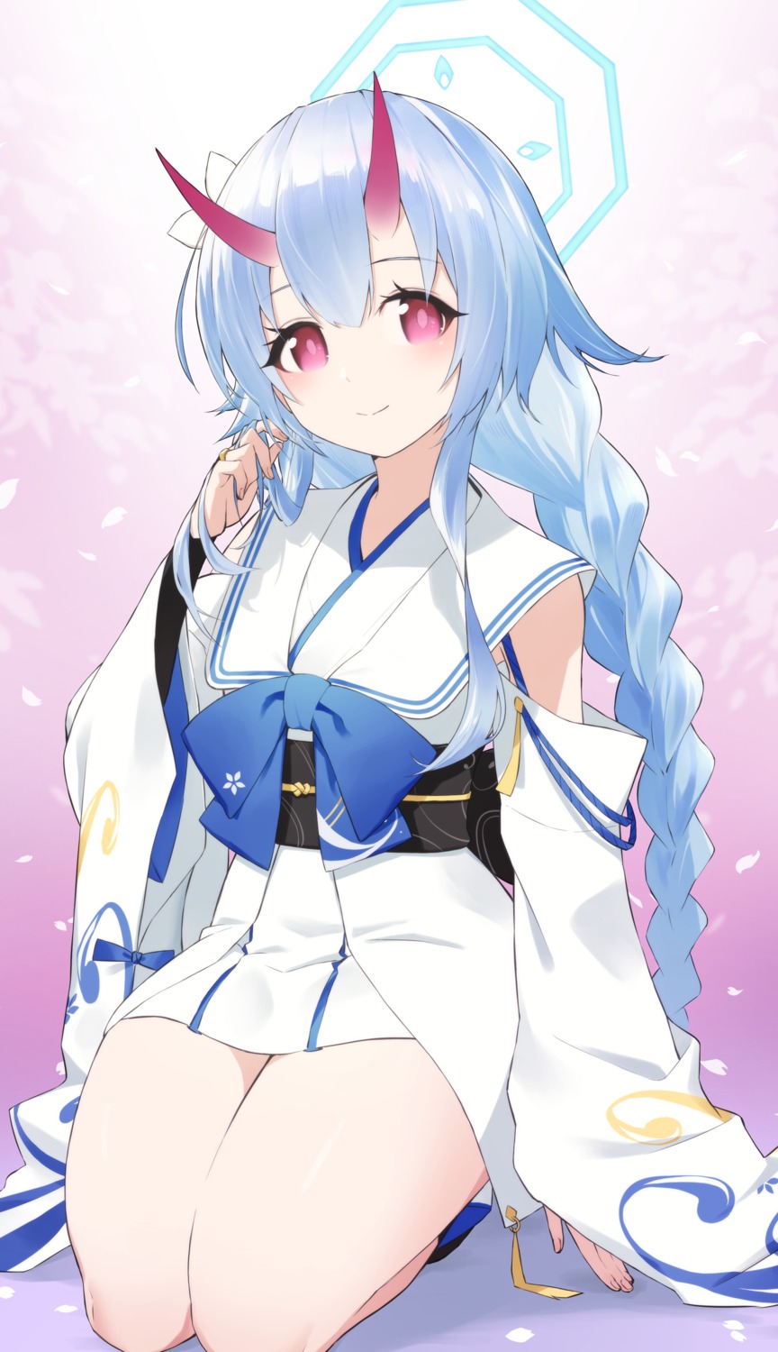 blue_archive, halo, horns, japanese_clothes, tochikeisuke, waraku_chise