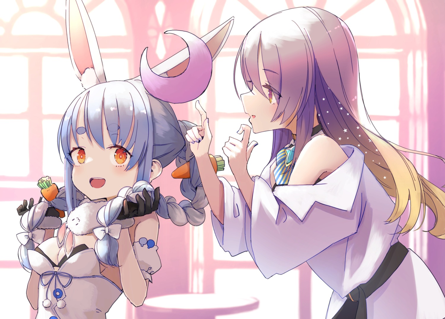 animal_ears, bunny_ears, cleavage, dress, hololive, hololive_indonesia, moona_hoshinova, no_bra, tokorinowa, usada_pekora