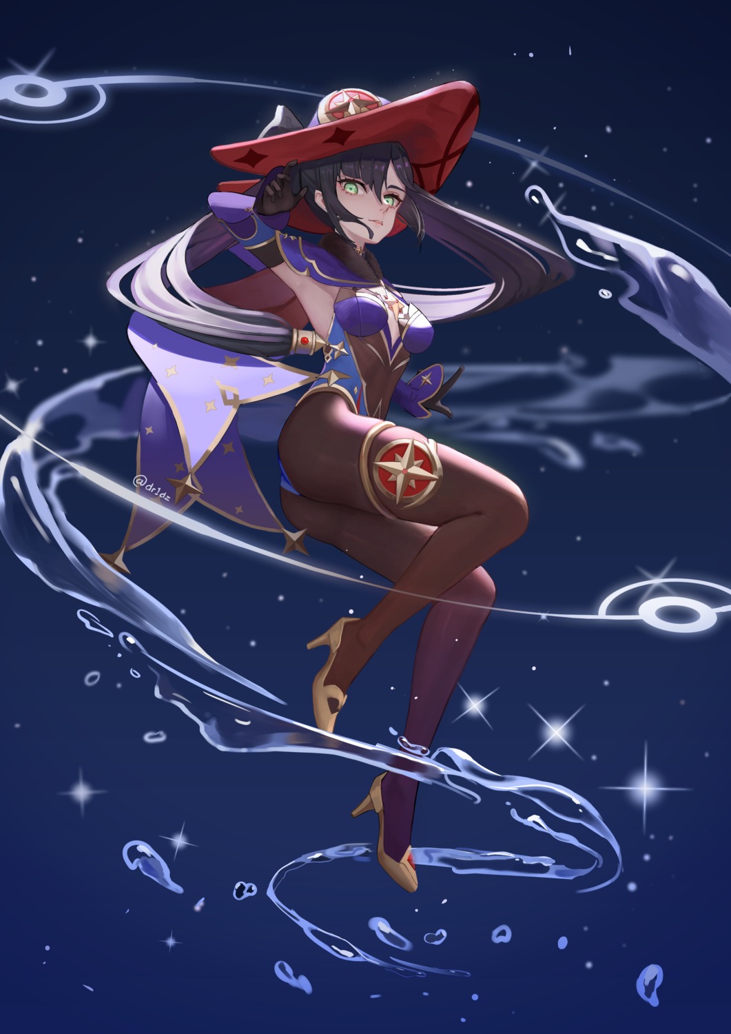 drid, garter, genshin_impact, heels, leotard, mona_megistus, no_bra, pantyhose