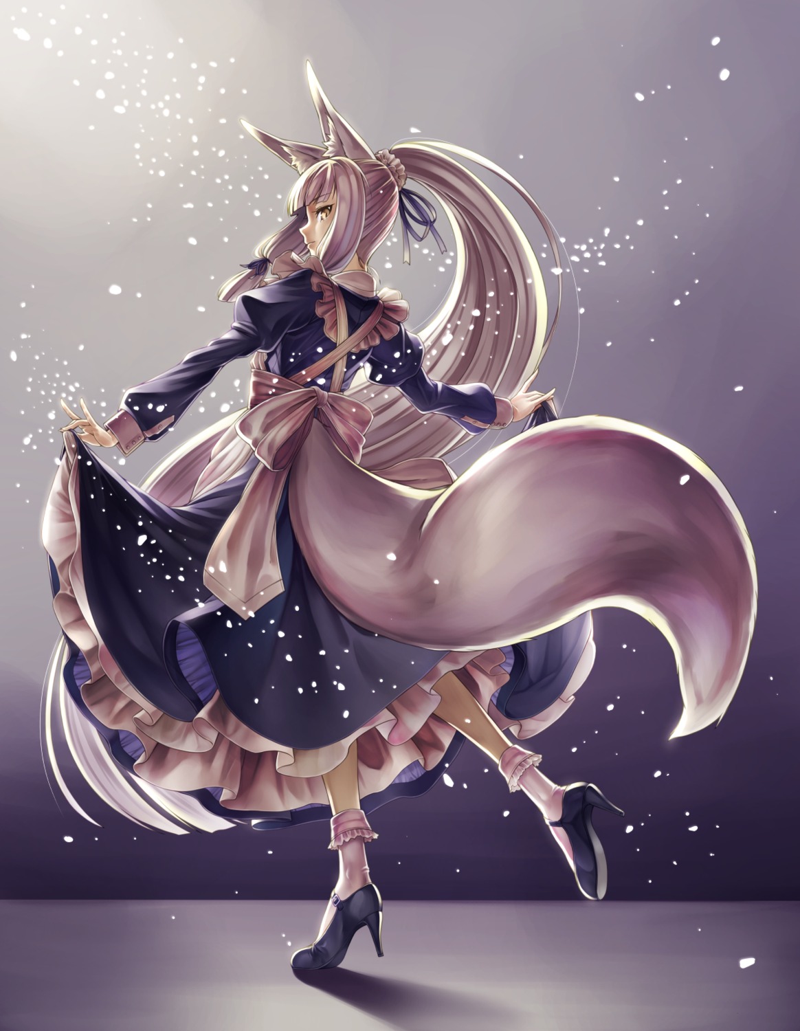 animal_ears, heels, kazuki_seihou, kitsune, maid, skirt_lift, tail