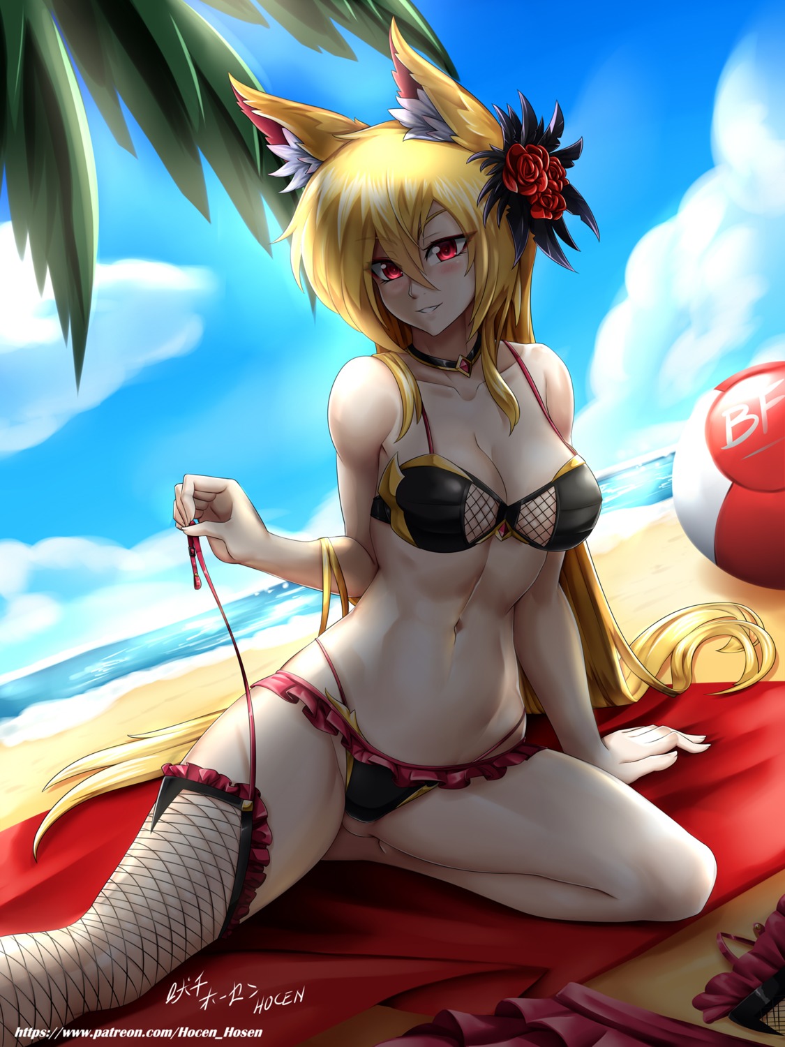 animal_ears, bikini, brave_frontier, fishnets, holcen_hosen, swimsuits, tail, thighhighs