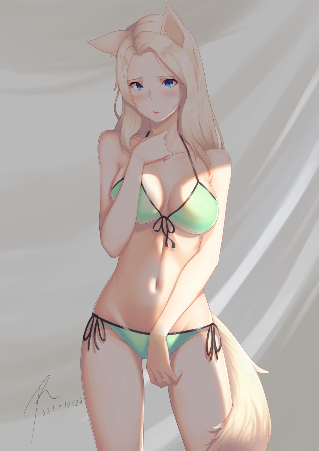 animal_ears, bikini, breast_hold, kitsune, raise, swimsuits, tail