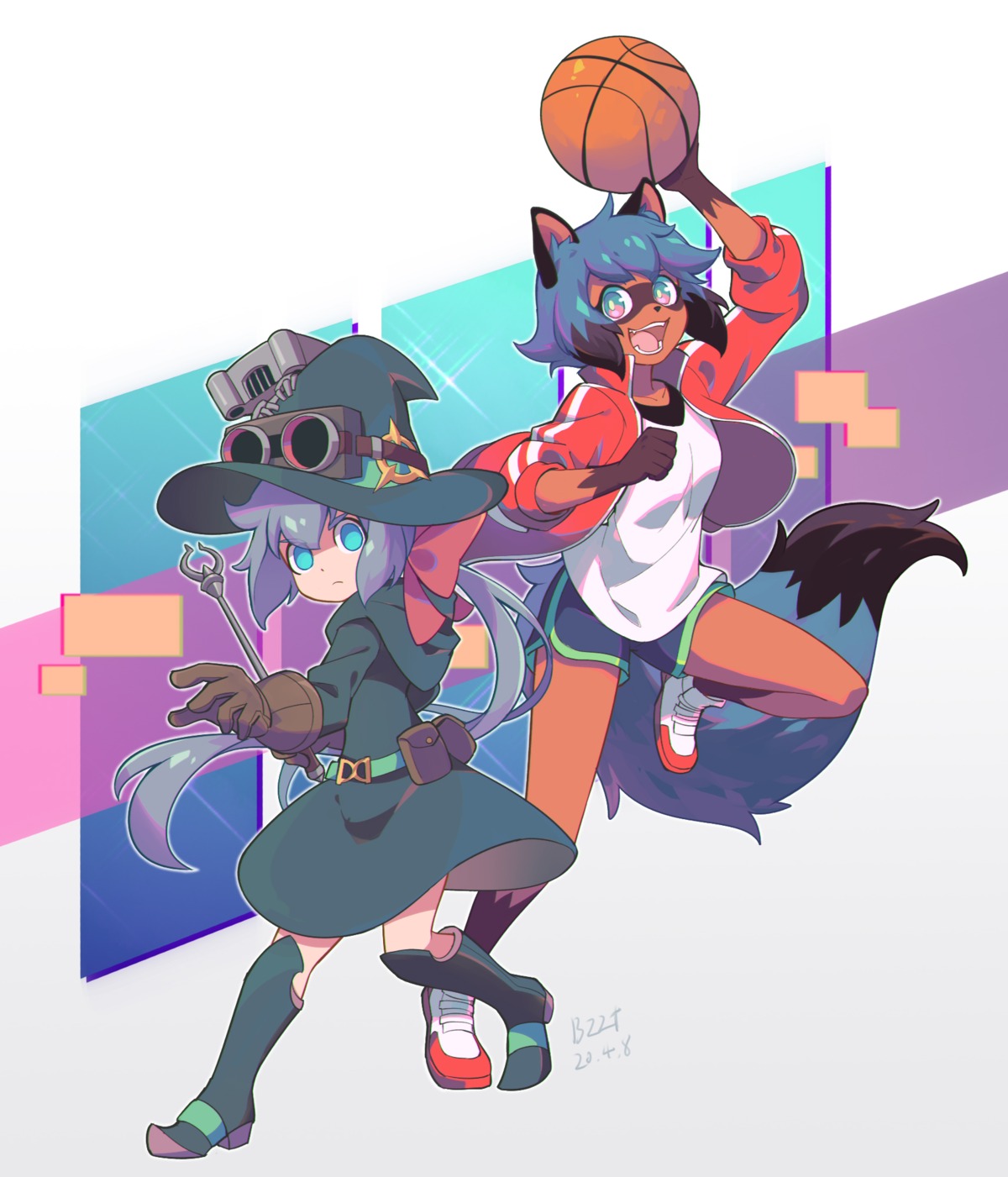animal_ears, basketball, brand_new_animal, bzzt_gcxll, constanze_braunschbank_albrechtsberger, crossover, kagemori_michiru, little_witch_academia, monster_girl, seifuku, tail, weapon, witch