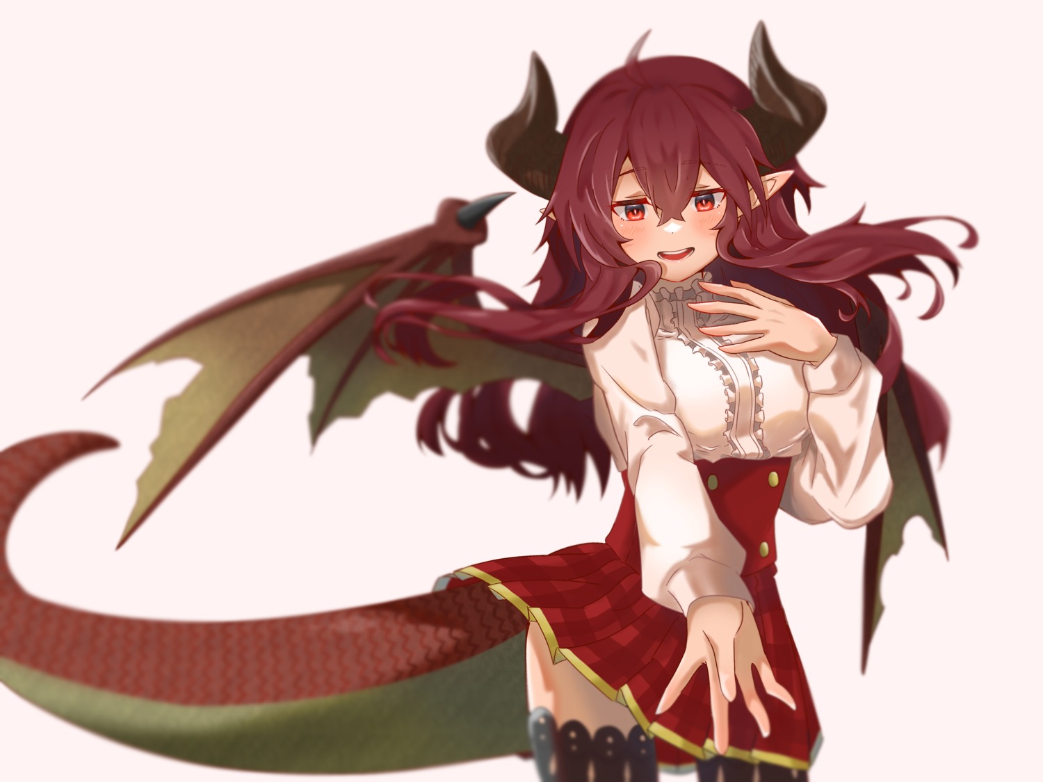 granblue_fantasy, grea, horns, kujou_koto, manaria_friends, monster_girl, pointy_ears, seifuku, shadowverse, shingeki_no_bahamut, skirt_lift, tail, thighhighs, wings