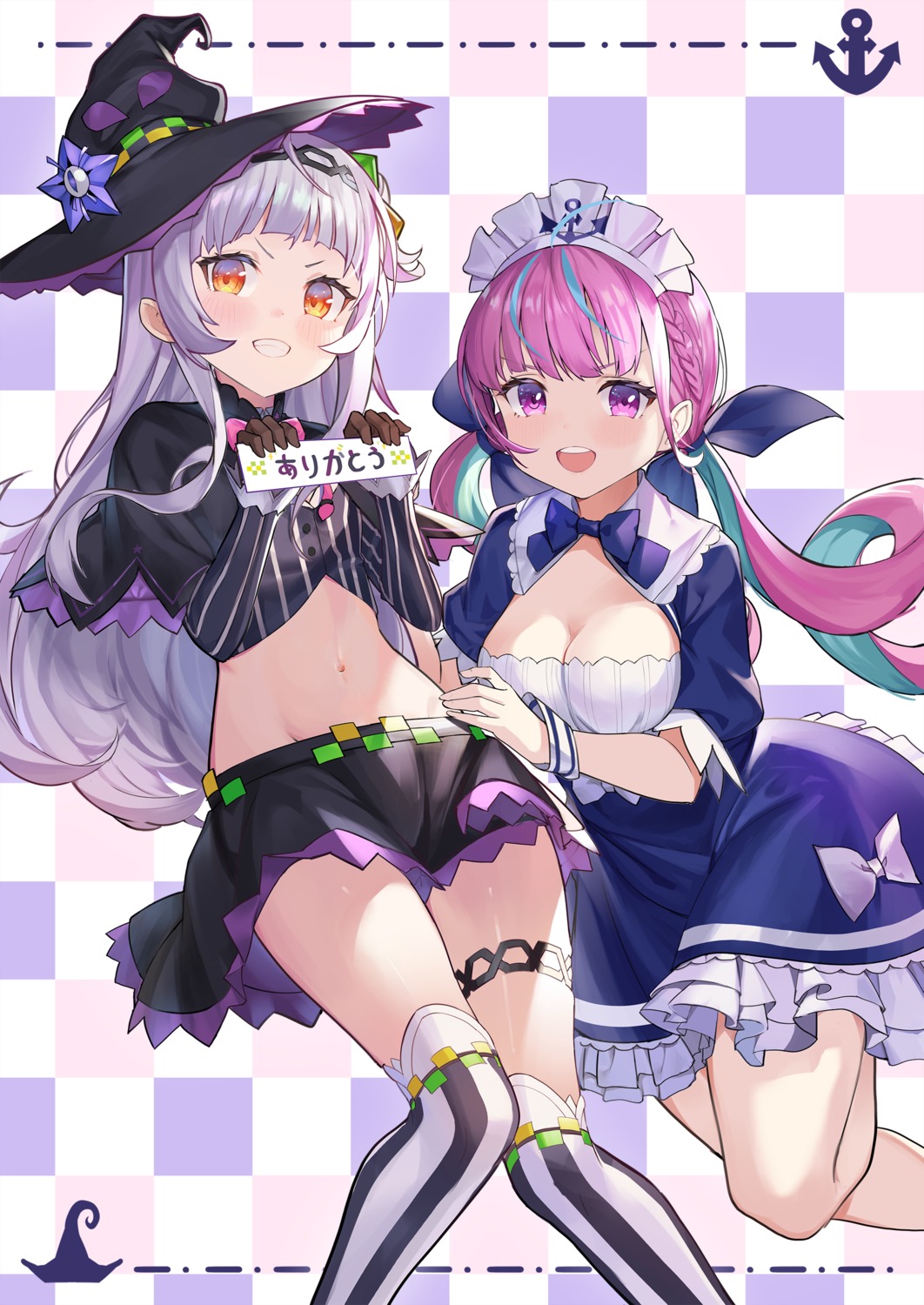 garter, hololive, maid, minato_aqua, murasaki_shion, ohihil, thighhighs, witch