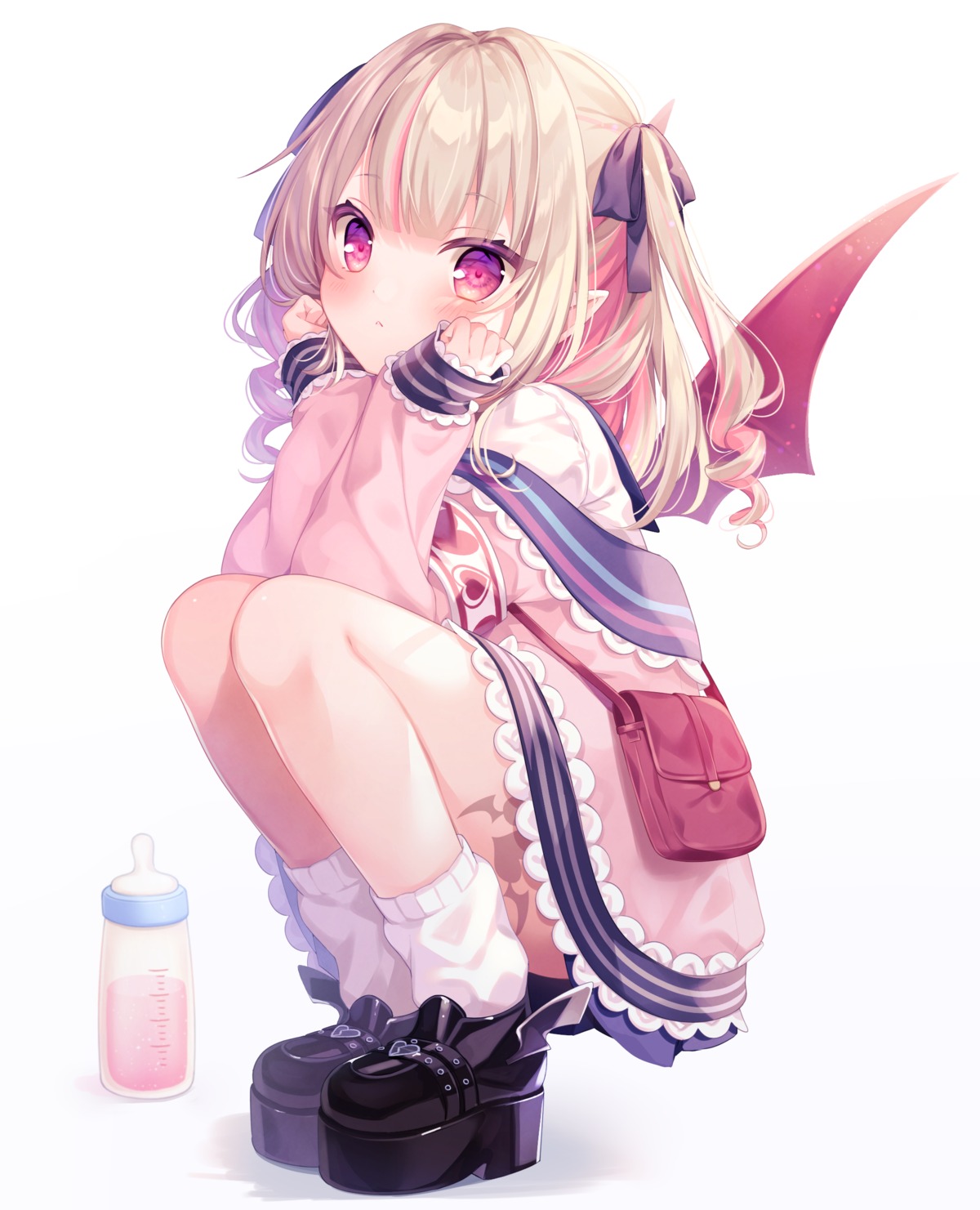 komachi_pochi, makaino_ririmu, nijisanji, nijisanji_gamers, pointy_ears, seifuku, skirt_lift, tattoo, wings