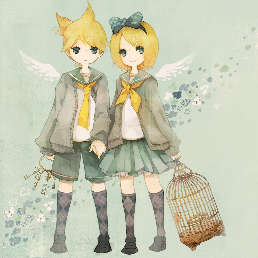 kagamine_len, kagamine_rin, pechika, vocaloid, wings