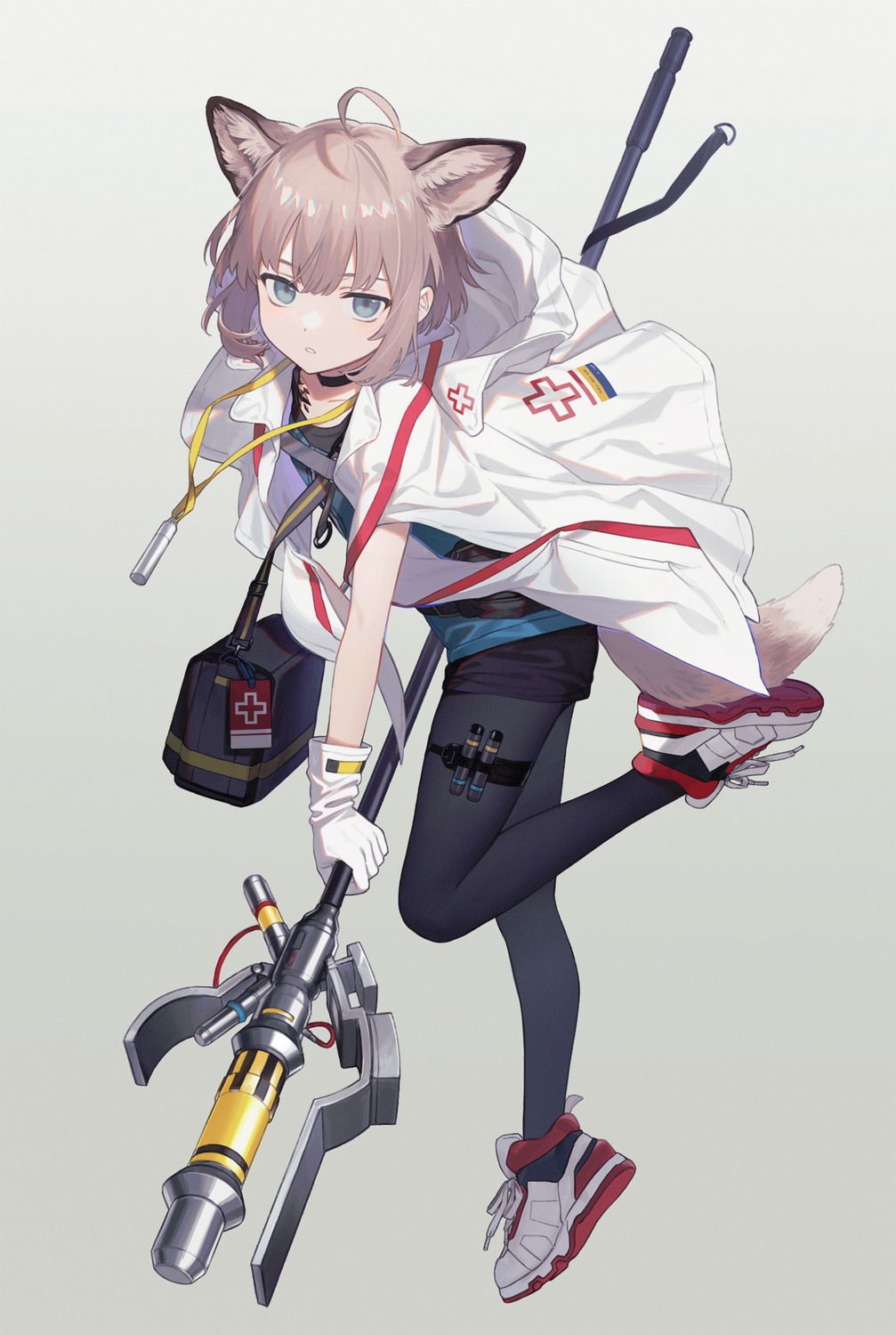 animal_ears, arknights, garter, jishaku, pantyhose, sussurro_(arknights), tail, weapon