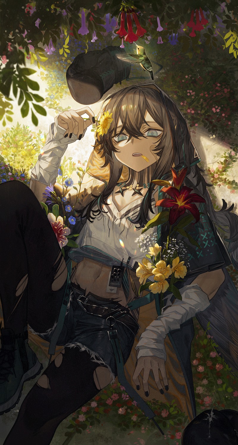 arknights, flint_(arknights), jishaku, pantyhose, torn_clothes