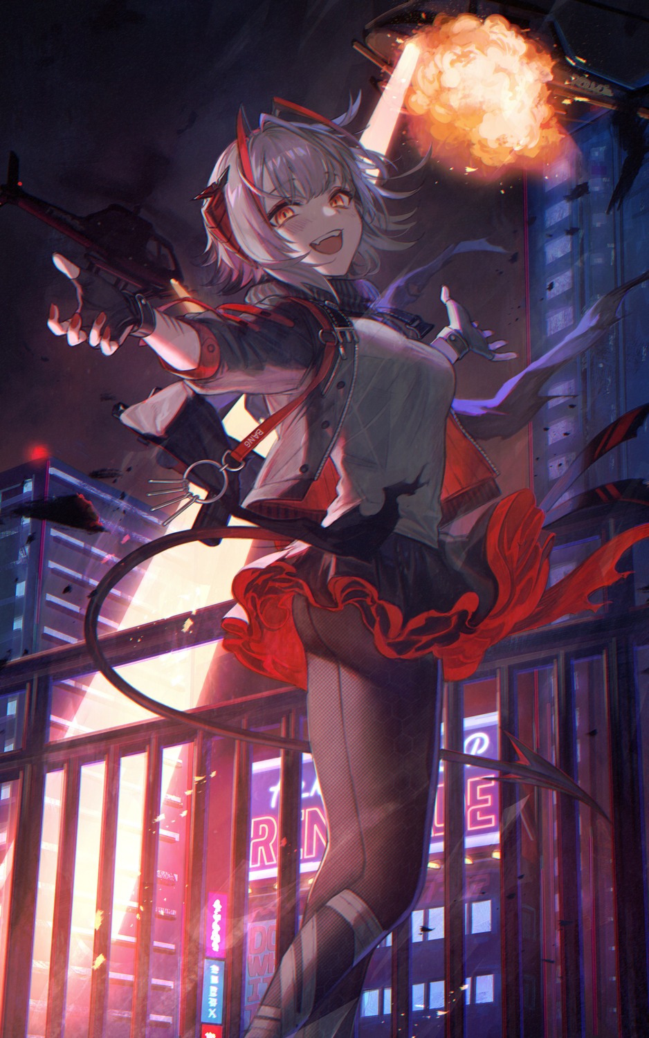 arknights, ass, horns, jishaku, pantyhose, skirt_lift, tail, w_(arknights)
