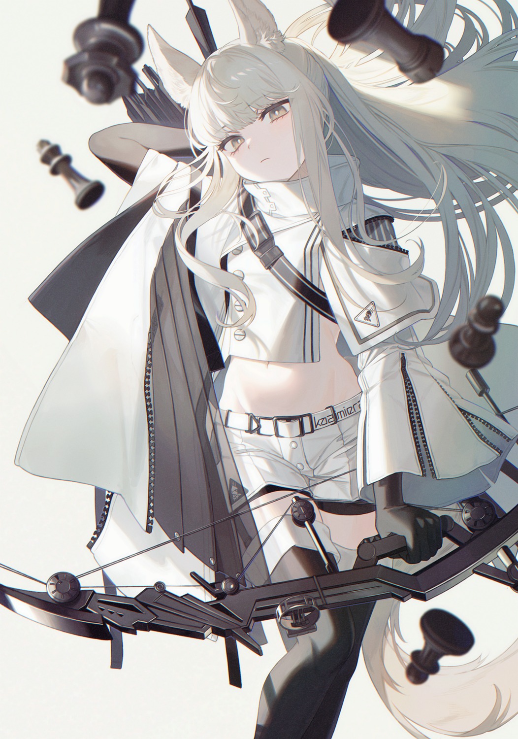 animal_ears, arknights, bike_shorts, jishaku, platinum_(arknights), tail, thighhighs, weapon