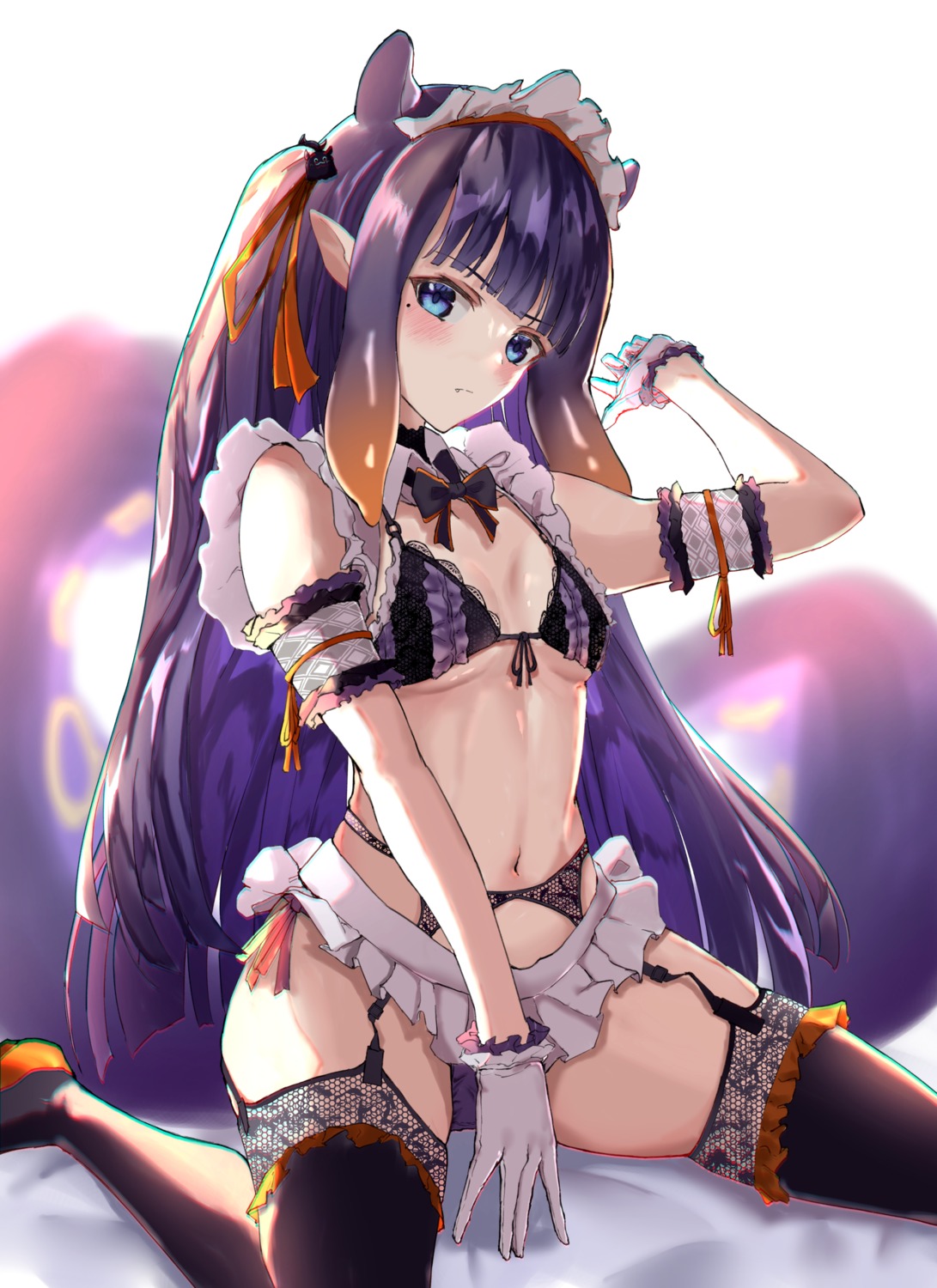 aleth, bra, garter_belt, hololive, hololive_english, maid, ninomae_ina'nis, pantsu, pointy_ears, stockings, thighhighs