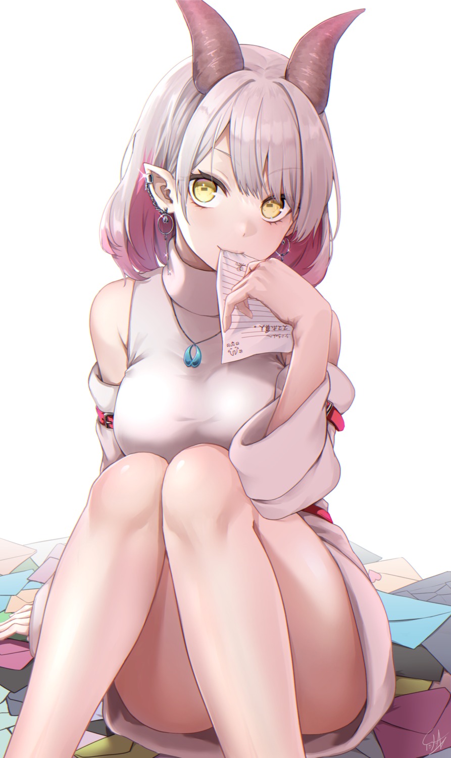 dress, horns, ironatsuki, pointy_ears, skirt_lift